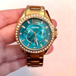 Fossil Riley turquoise dial rose gold-tone watch